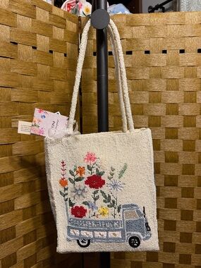 Marshalls Cream Beaded Tote with Colorful Floral Truck